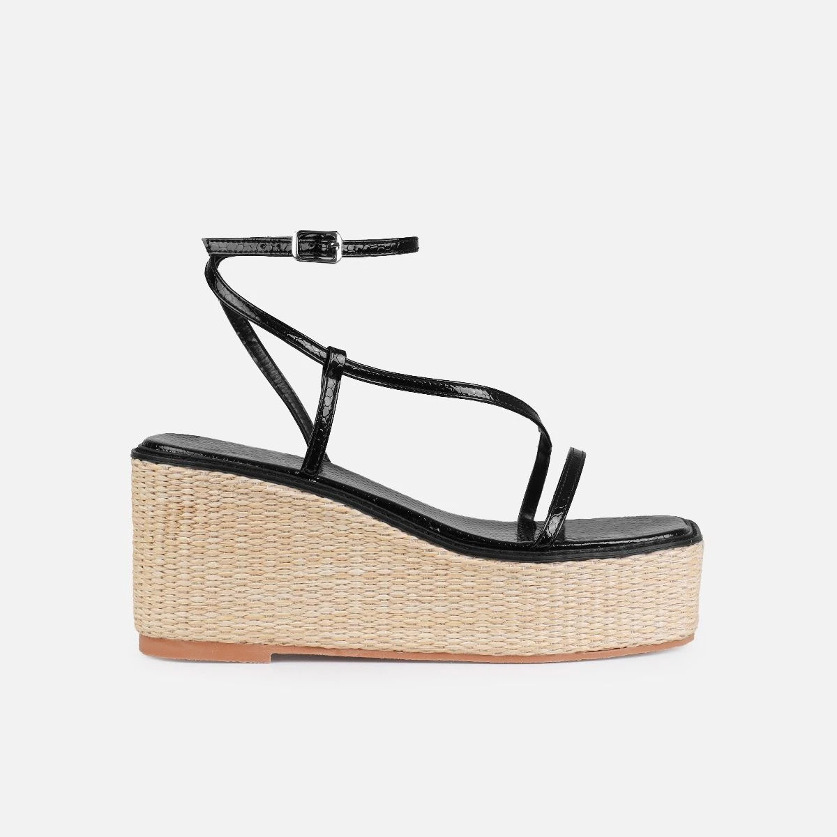 Kerensa Black Faux Snake Print Strappy Espadrille Wedges - Image 2