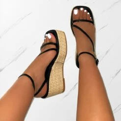 Kerensa Black Faux Snake Print Strappy Espadrille Wedges