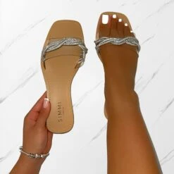 Kirah Silver Clear Diamante Twist Flat Sandals