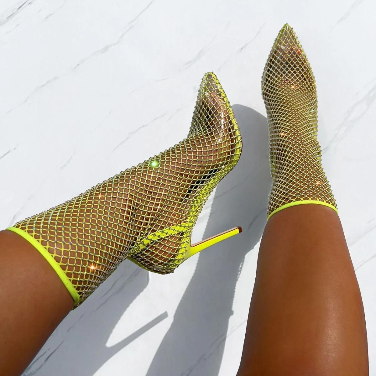 Krystal Lime Diamante Fishnet Heels