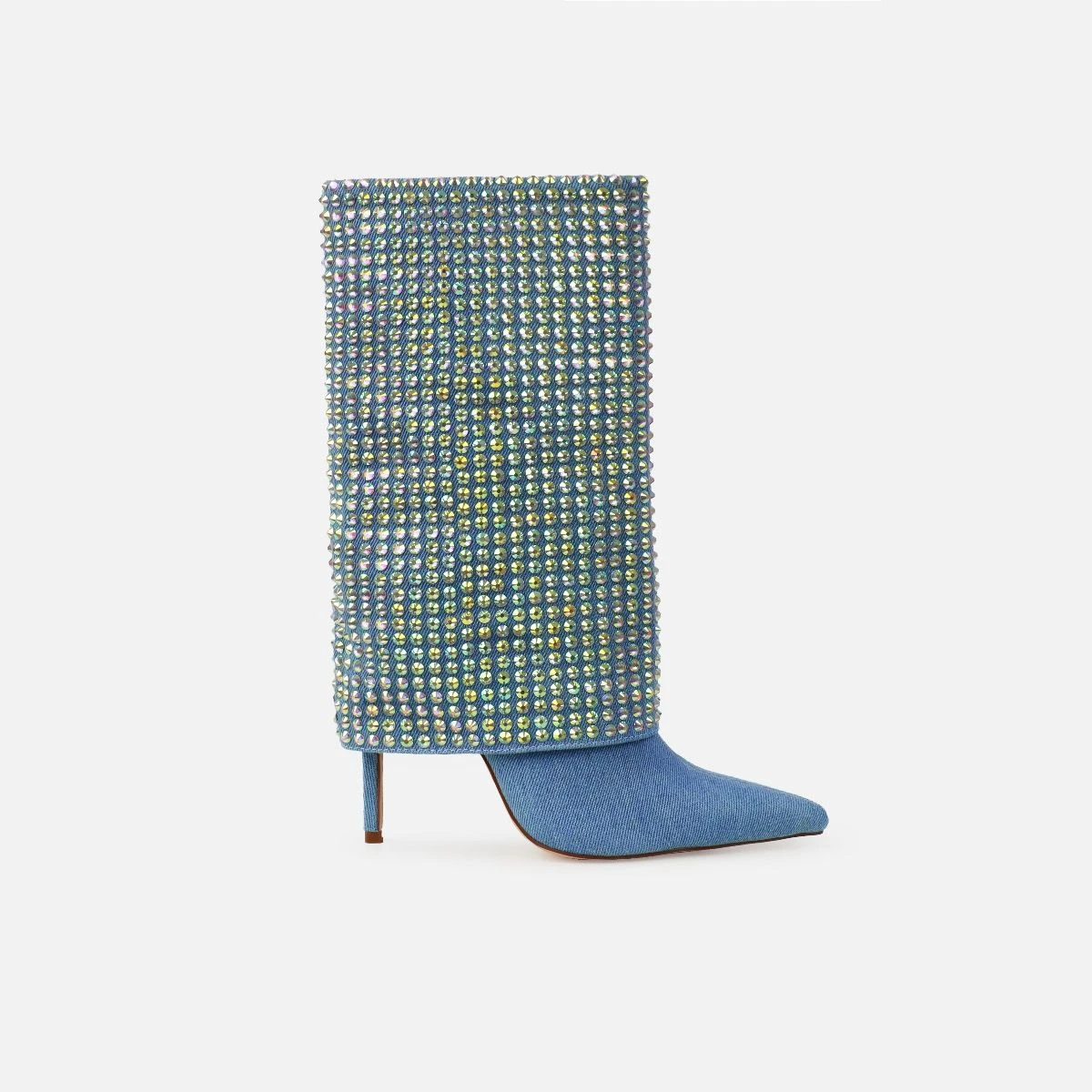 Lawler Blue Denim Diamante Fold Over Boots - Image 2