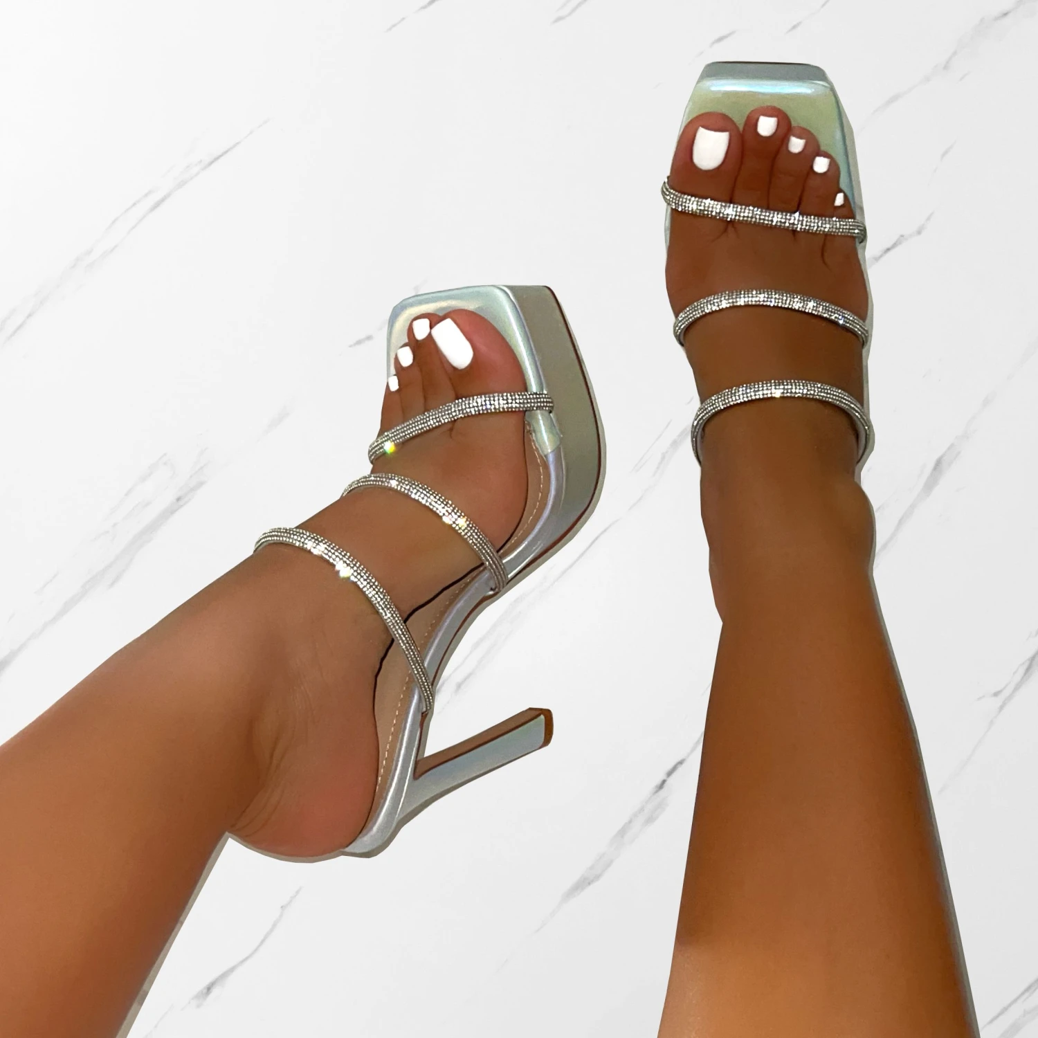 Laylani Blue Pearlised Diamante Platform Mules