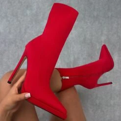 Lewin Red Lycra Pointed Stiletto Ankle Boots