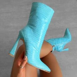 Lowell Blue Faux Croc Print Stiletto Ankle Boots