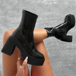 Manuela Black Crinkle Platform Block Heel Ankle Boots