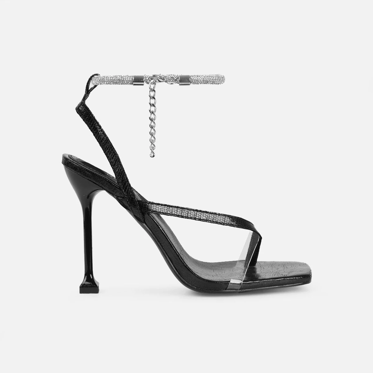 Esmaria Black Faux Lizard Print Clear Diamante Toe Thong Heels - Image 2