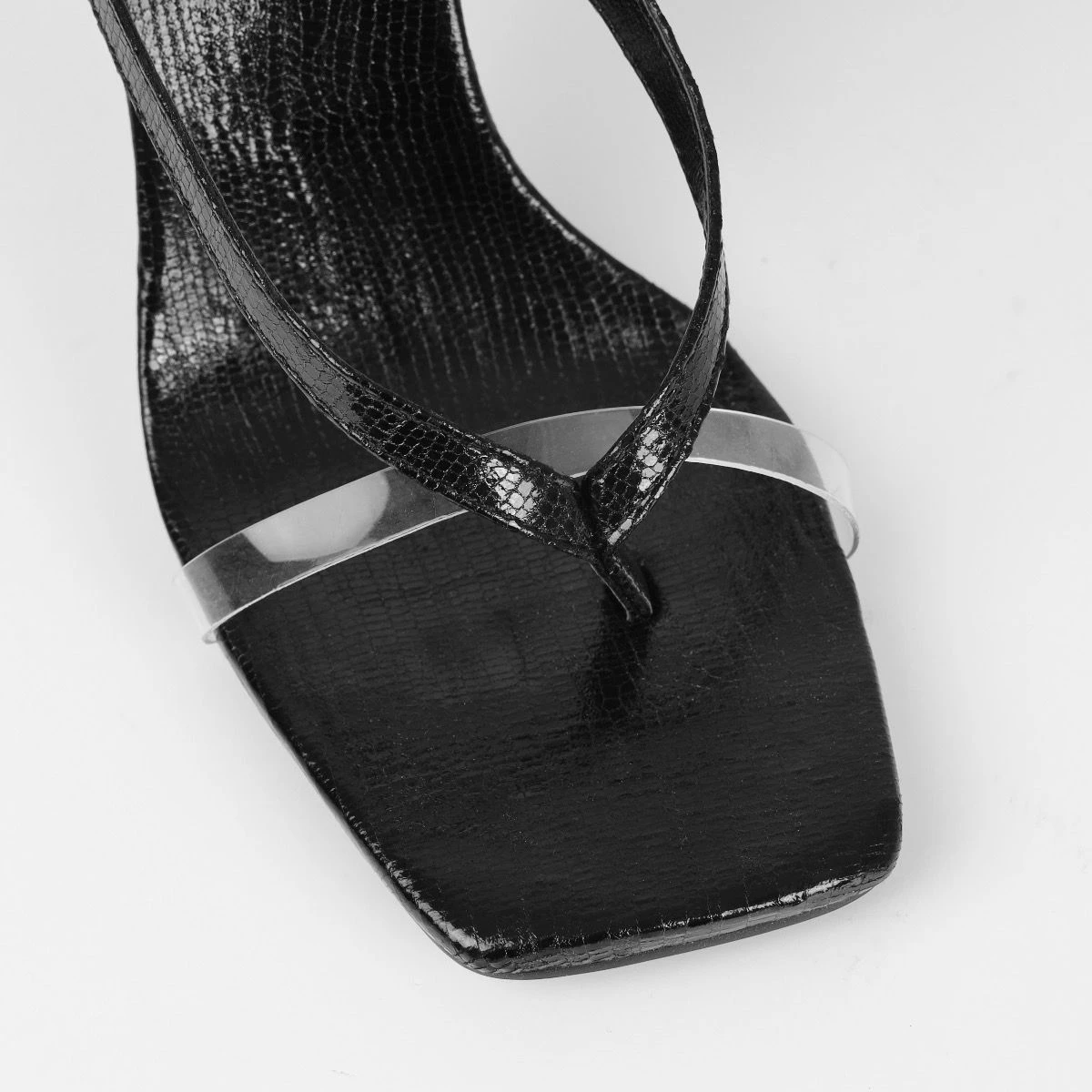 Esmaria Black Faux Lizard Print Clear Diamante Toe Thong Heels - Image 4