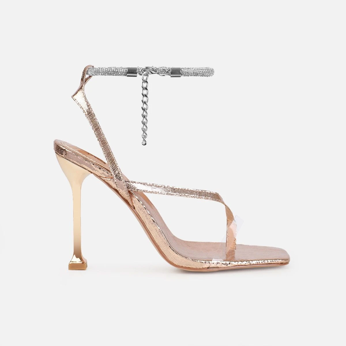 Esmaria Rose Gold Faux Lizard Print Clear Diamante Toe Thong Heels - Image 2