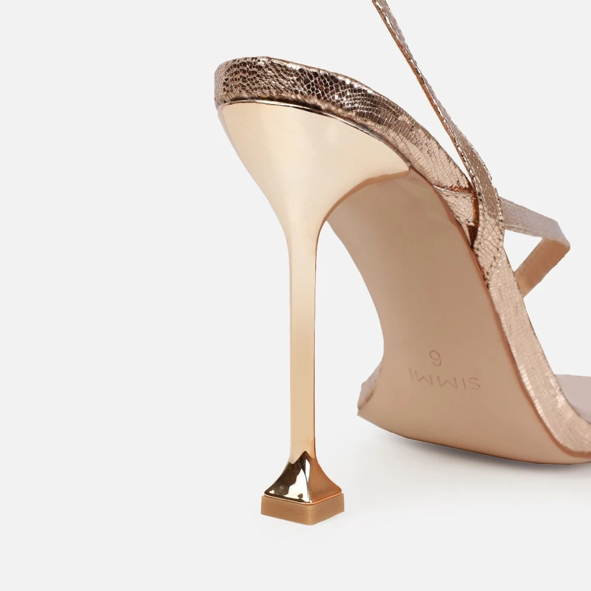 Esmaria Rose Gold Faux Lizard Print Clear Diamante Toe Thong Heels - Image 3