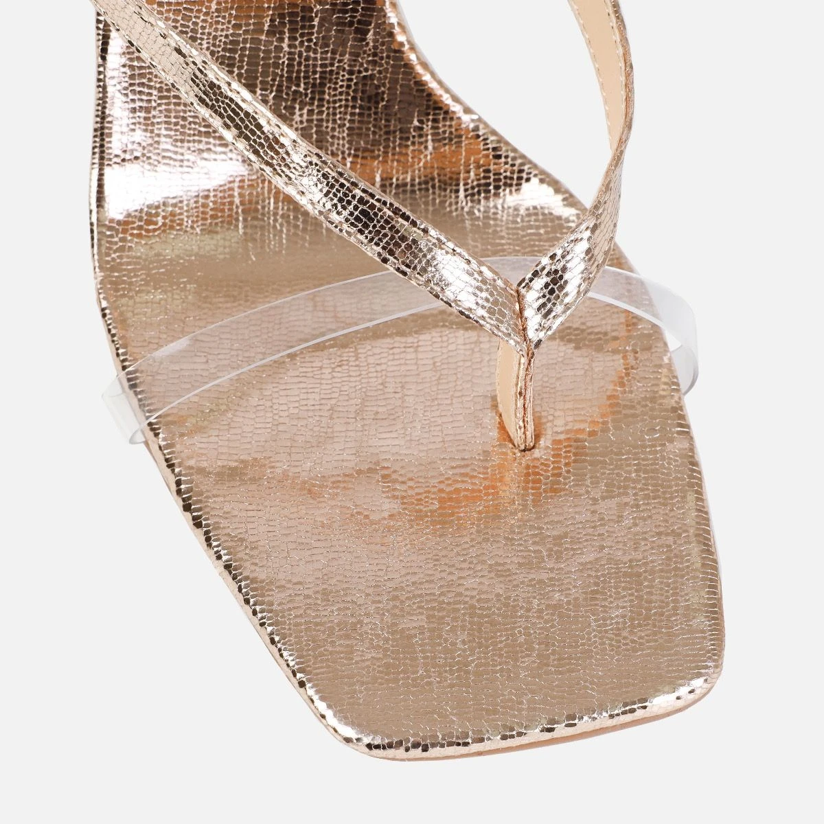 Esmaria Rose Gold Faux Lizard Print Clear Diamante Toe Thong Heels - Image 4