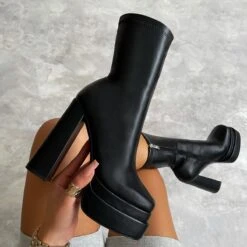 Martha Black Double Platform Block Heel Ankle Boots