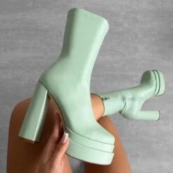 Martha Sage Green Double Platform Block Heel Ankle Boots