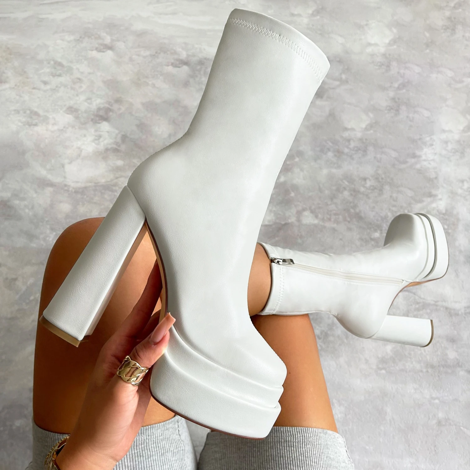 Martha White Double Platform Block Heel Ankle Boots