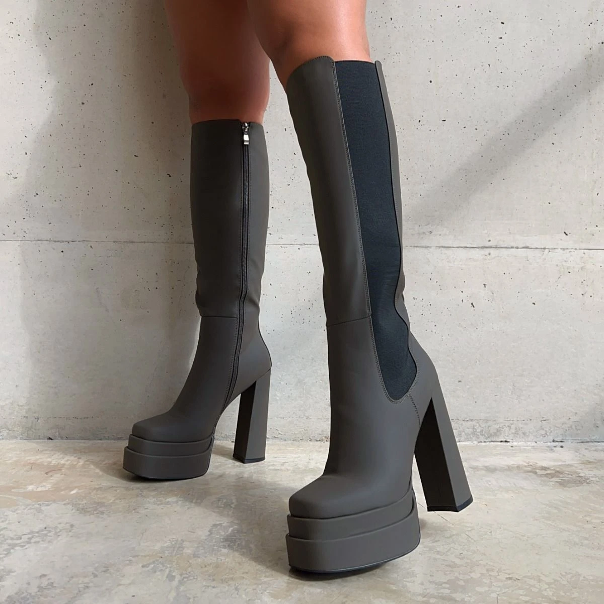 Tasha Ghouri Marcus Khaki Double Platform Knee High Boots - Image 2