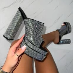 Deija Black Satin Diamante Double Platform Block Heel Mules