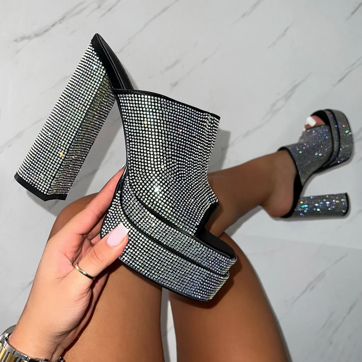 Deija Black Satin Diamante Double Platform Block Heel Mules