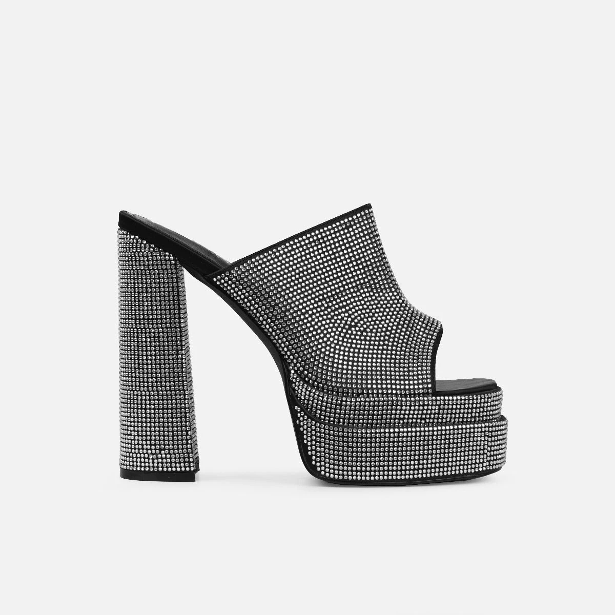 Deija Black Satin Diamante Double Platform Block Heel Mules - Image 2