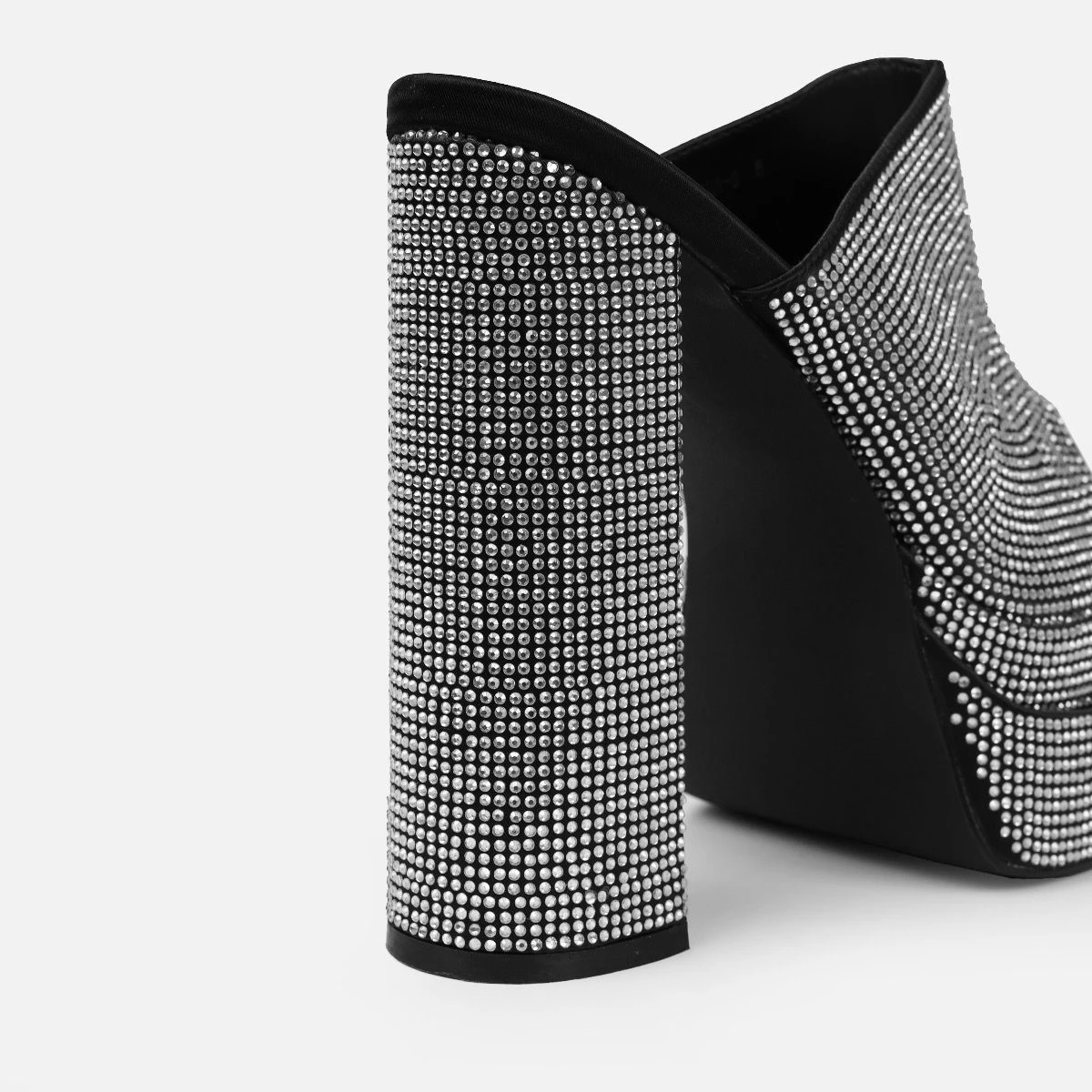 Deija Black Satin Diamante Double Platform Block Heel Mules - Image 3