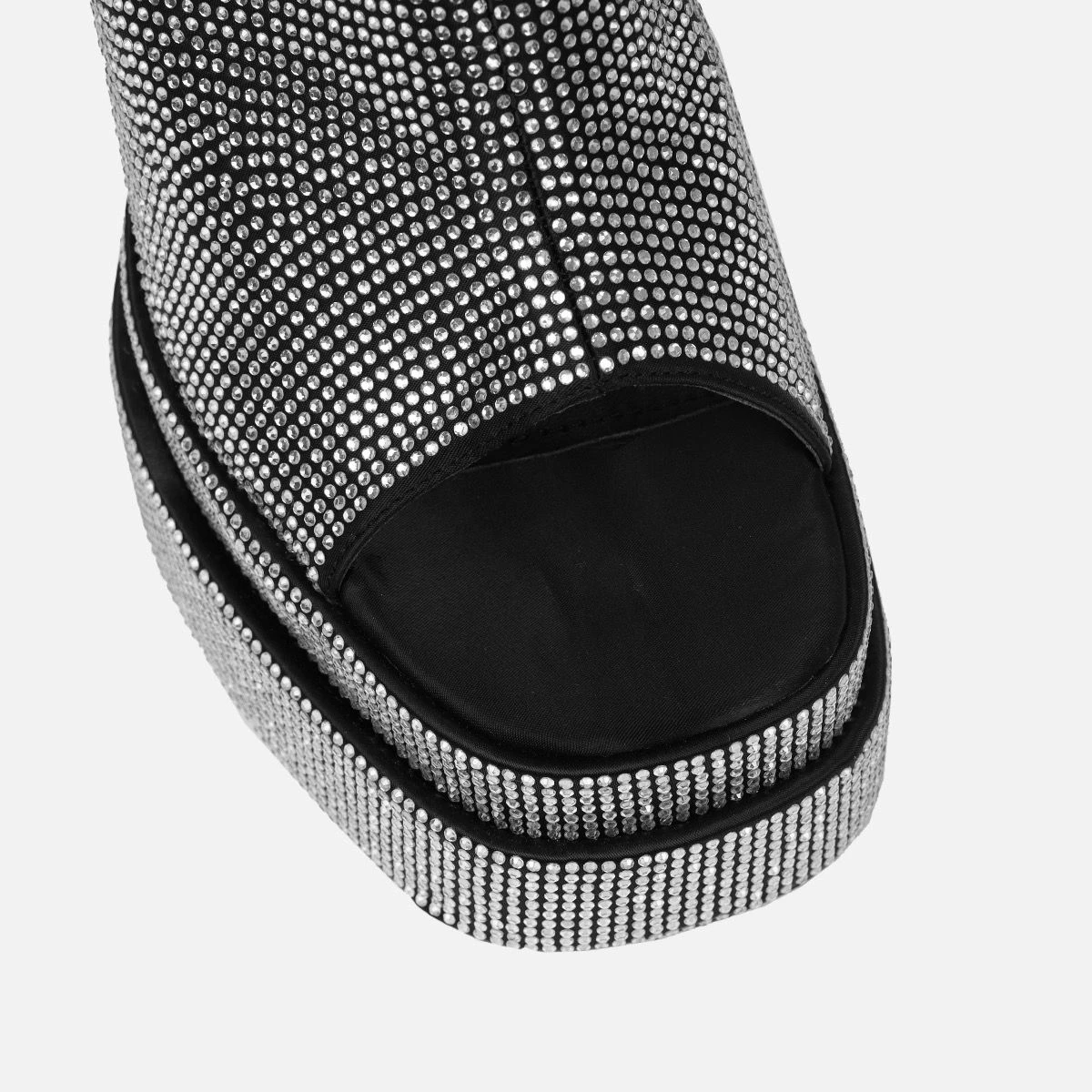 Deija Black Satin Diamante Double Platform Block Heel Mules - Image 4