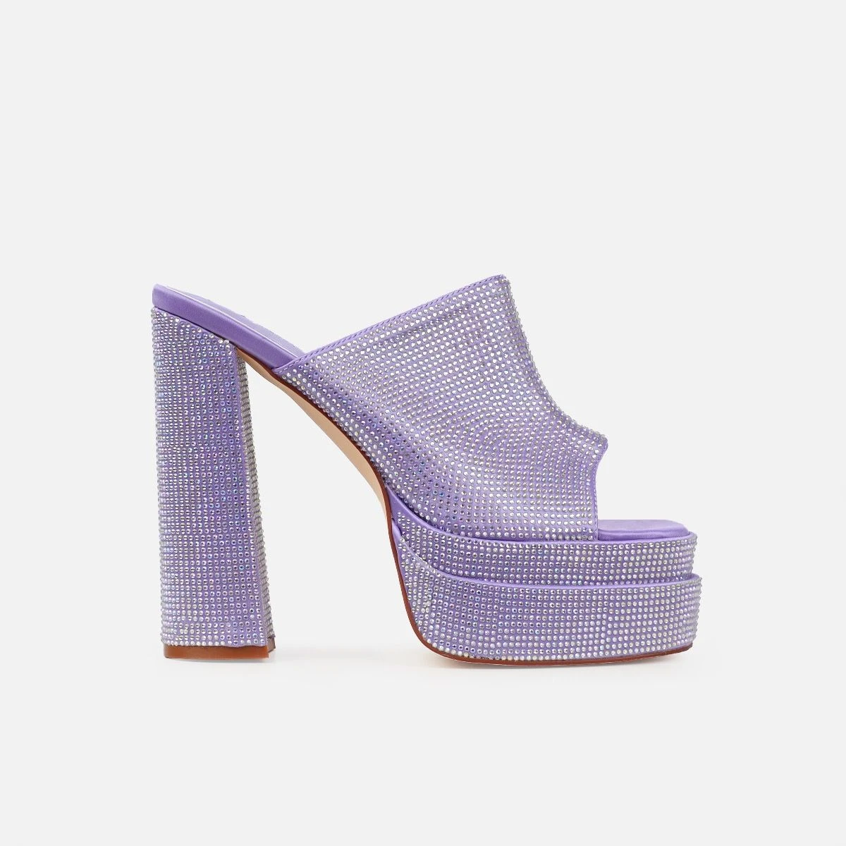 Deija Lilac Satin Diamante Double Platform Block Heel Mules - Image 2
