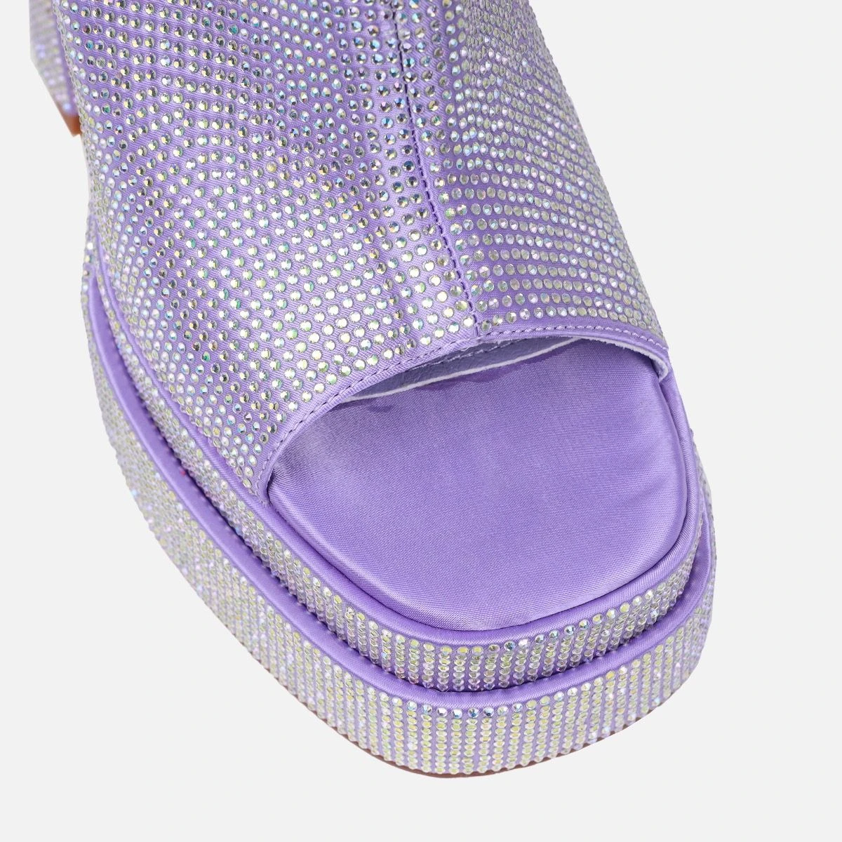 Deija Lilac Satin Diamante Double Platform Block Heel Mules - Image 4