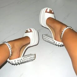 Monroee White Platform Studded Block Heels