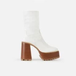 Mateo White Platform Block Heel Ankle Boots