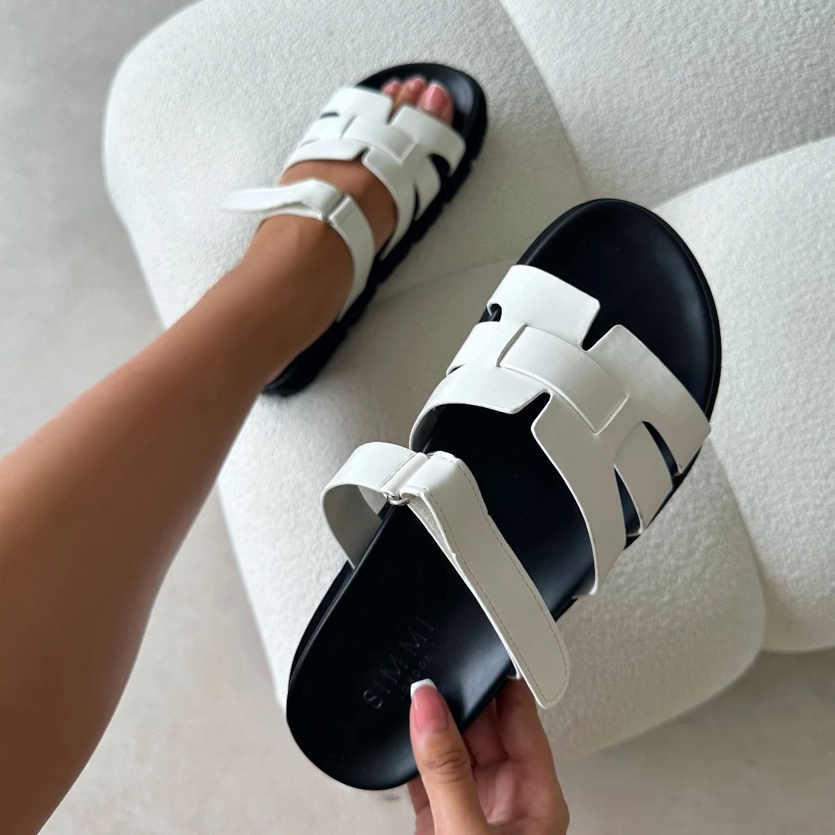 Adelle White Chunky Velcro Strap Flat Sandals