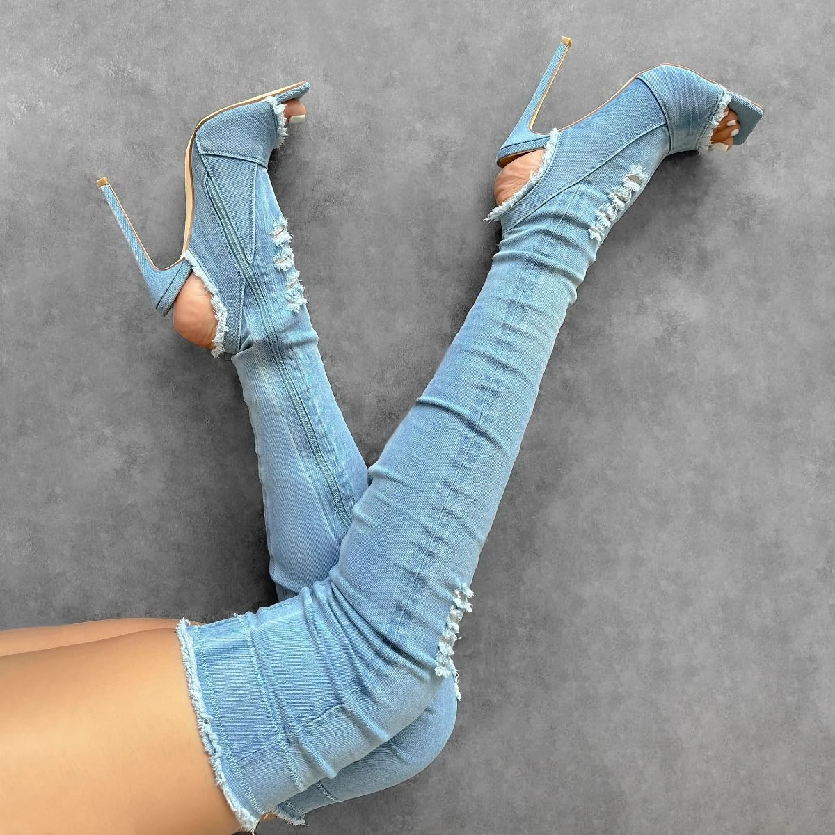 Dimitri Blue Denim Open Toe Stiletto Thigh High Boots