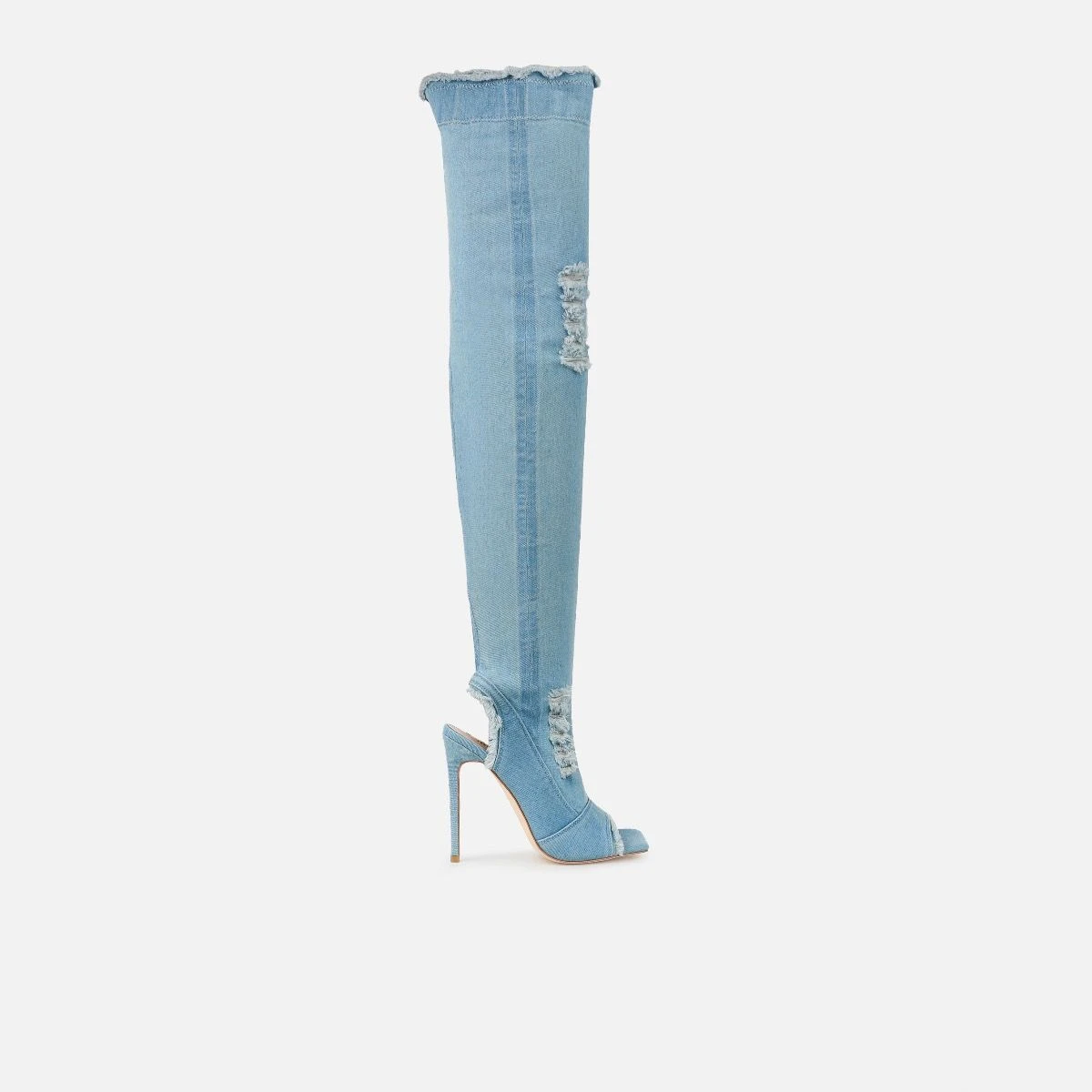 Dimitri Blue Denim Open Toe Stiletto Thigh High Boots - Image 2