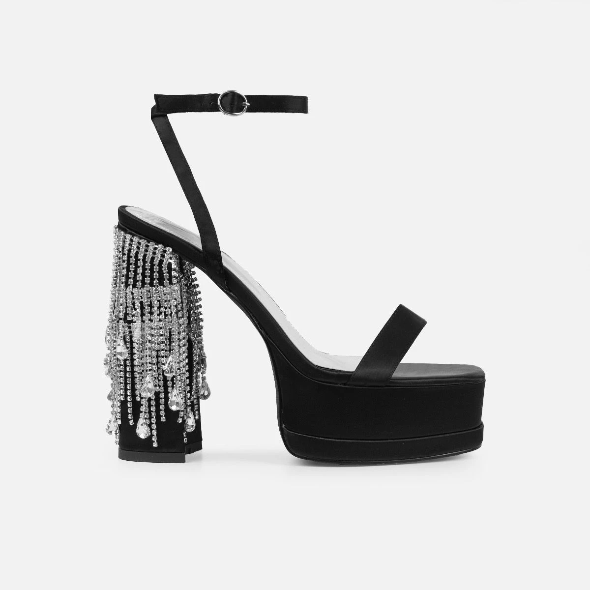 Nadetta Black Satin Platform Diamante Block Heels - Image 2