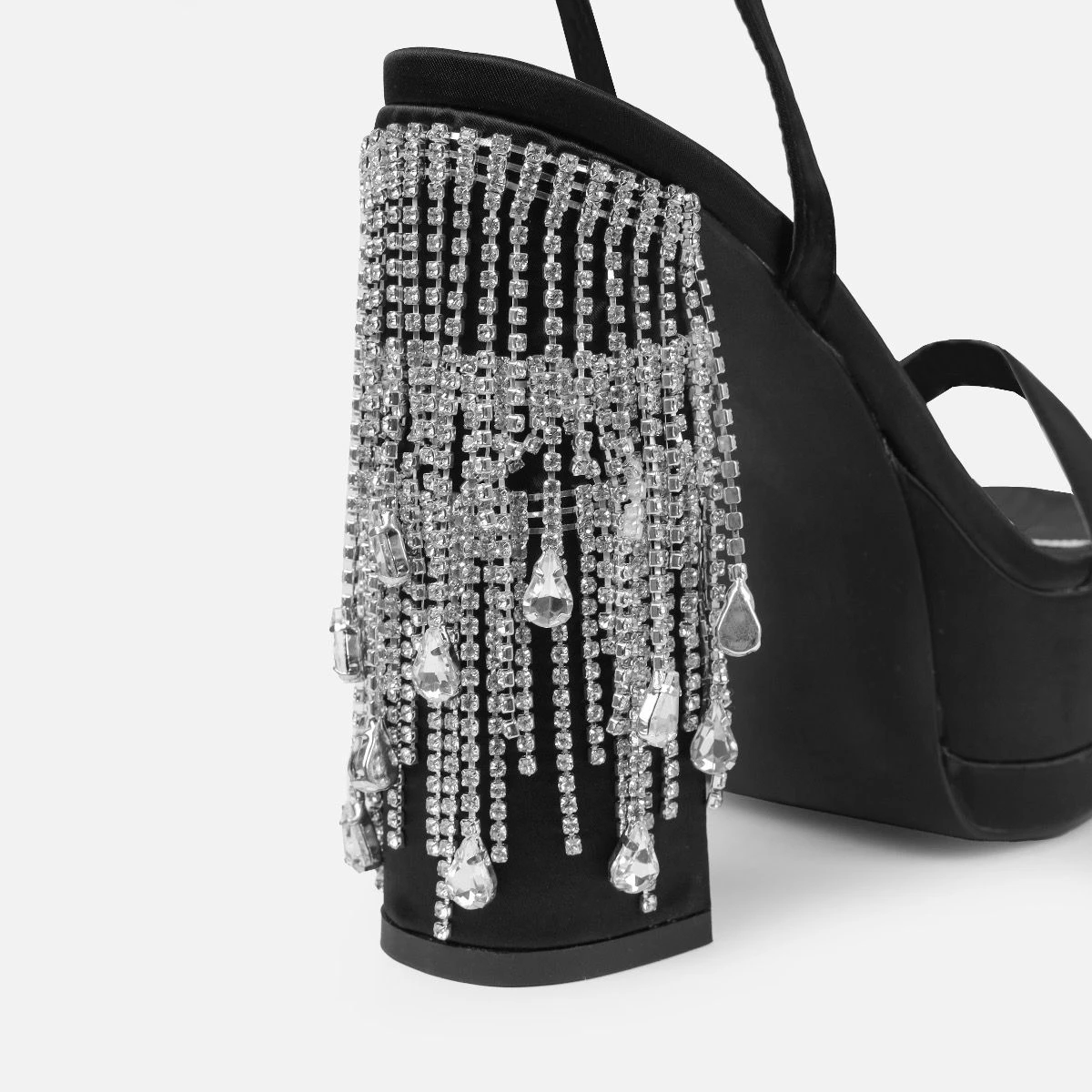 Nadetta Black Satin Platform Diamante Block Heels - Image 3