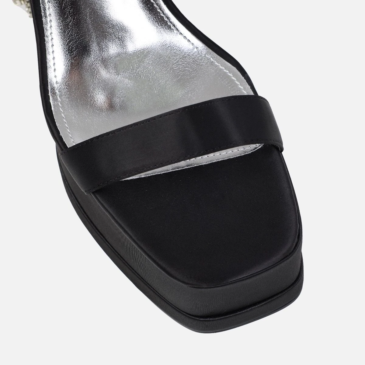 Nadetta Black Satin Platform Diamante Block Heels - Image 4