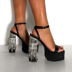 Nadetta Black Satin Platform Diamante Block Heels