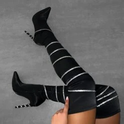 Snakeii Black Satin Diamante Wrap Thigh High Boots
