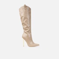 Nash Beige Faux Snake Print Stiletto Knee High Boots