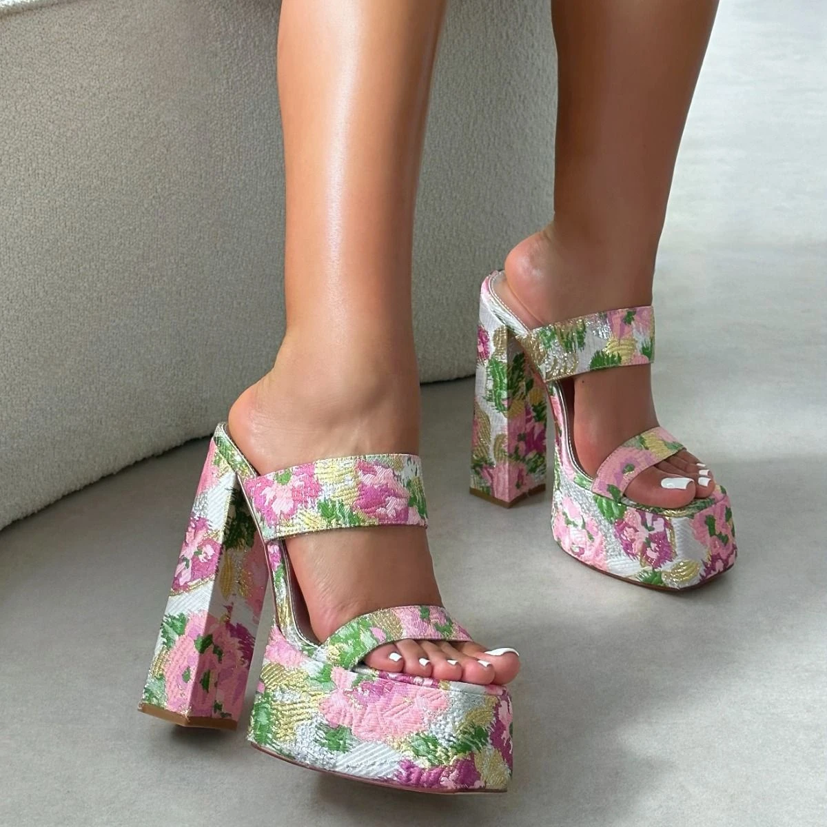 Freyja Pink Floral Jacquard Platform Heeled Sandals