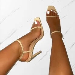 Nolan Beige Linen Strappy Square Toe Stiletto Heels