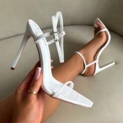 Nolan White Strappy Square Toe Stiletto Heels