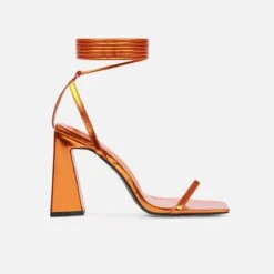 Nydia Orange Metallic Lace Up Block Heels