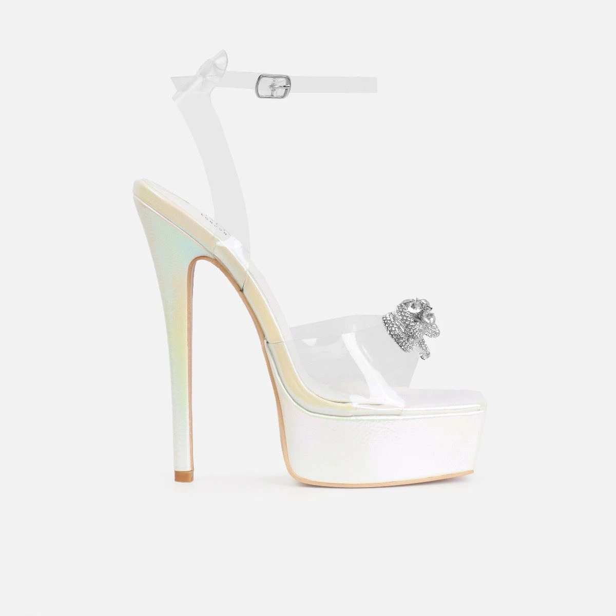 Angelique White Shimmer Diamante Bow Stiletto Platform Heels - Image 2