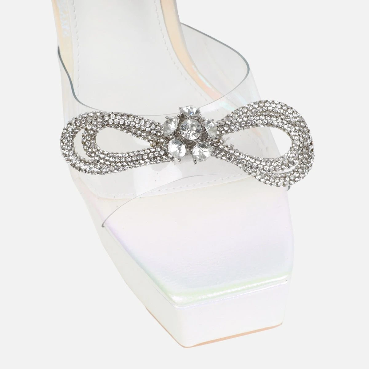 Angelique White Shimmer Diamante Bow Stiletto Platform Heels - Image 4