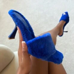 Panda Cobalt Blue Square Toe Fluffy Stiletto Mules