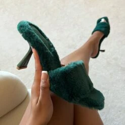 Panda Green Square Toe Fluffy Stiletto Mules