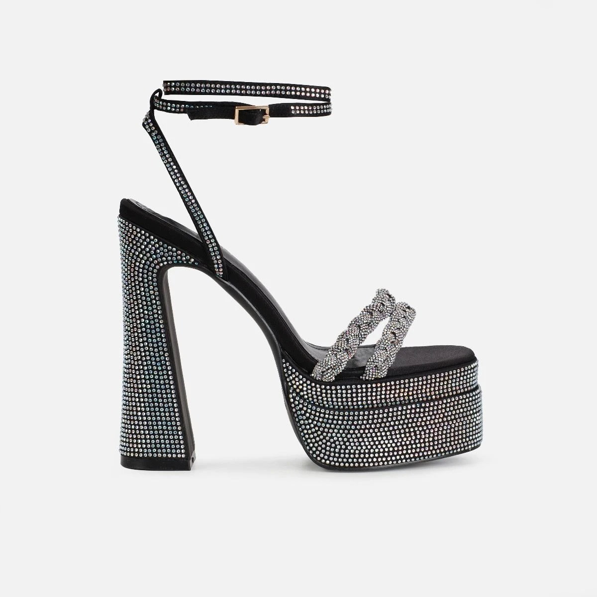 Paradisa Black Satin Diamante Platform Block Heels - Image 2