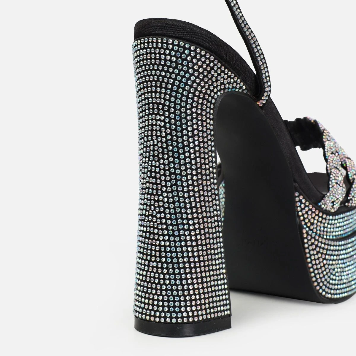 Paradisa Black Satin Diamante Platform Block Heels - Image 4