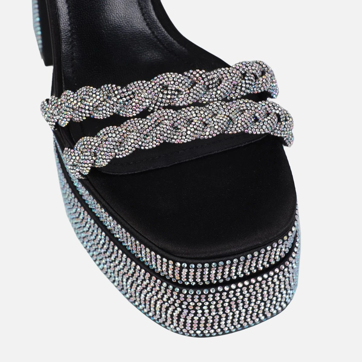 Paradisa Black Satin Diamante Platform Block Heels - Image 3