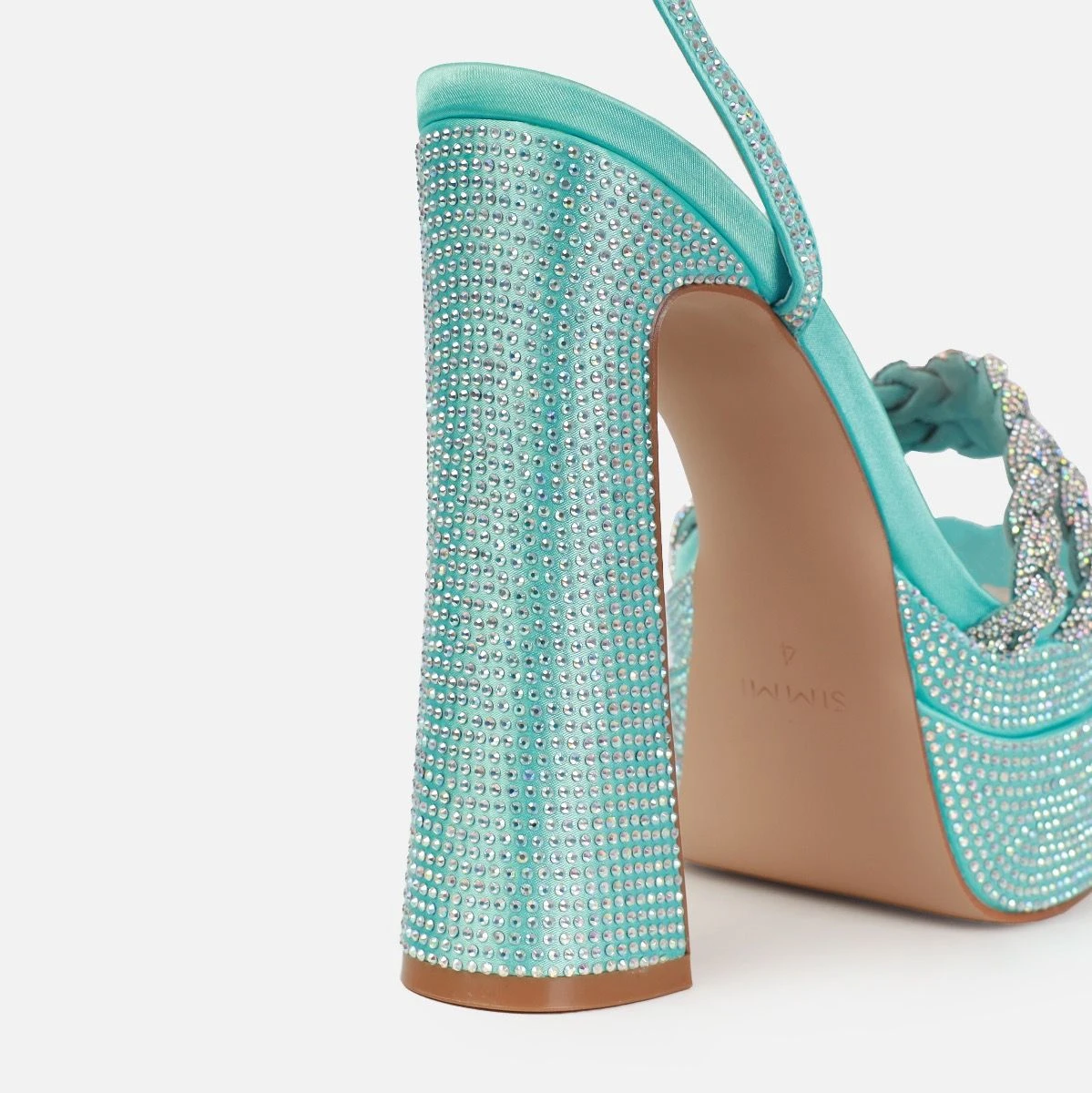 Paradisa Blue Satin Diamante Platform Block Heels - Image 4