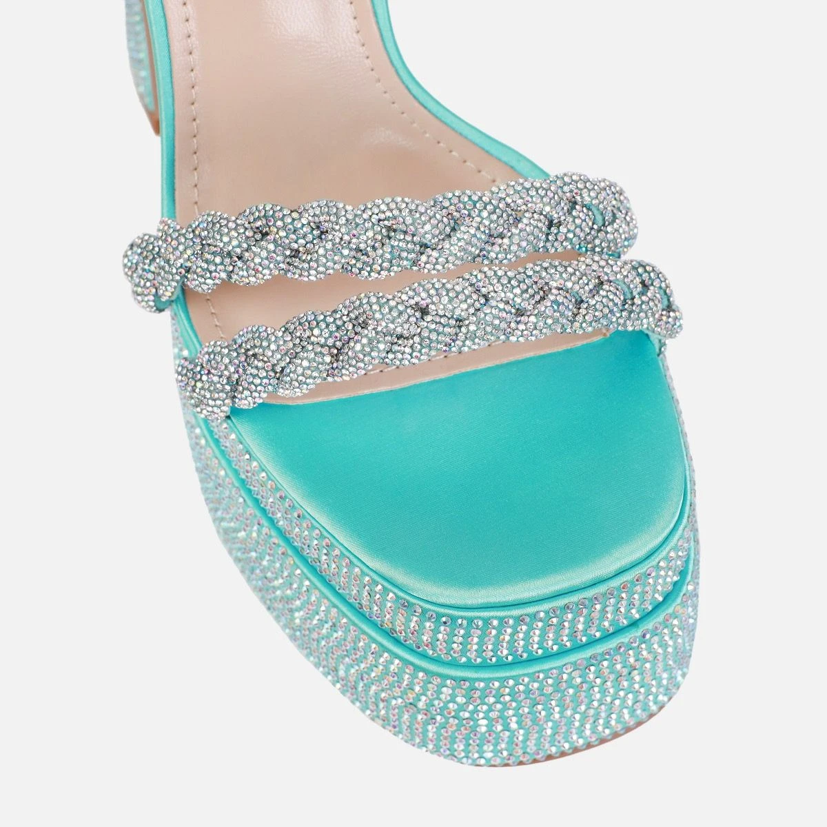 Paradisa Blue Satin Diamante Platform Block Heels - Image 3