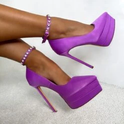 Edina Purple Satin Diamante Platform Stiletto Heels